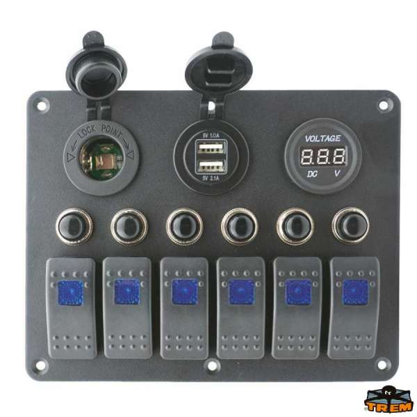Pannello elettrico con voltmetro, 2 USB, presa potenza
